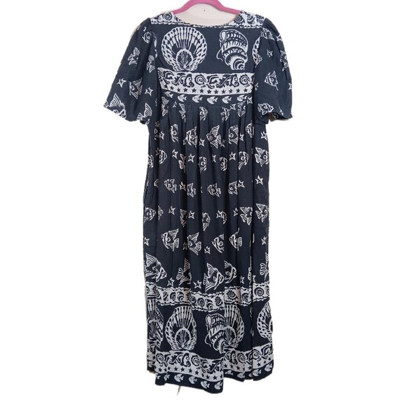 Phases Muumuu Dress Women’s Large Black 100% Cotton Fish Seashells Lounge Gown - Picture 5 of 5